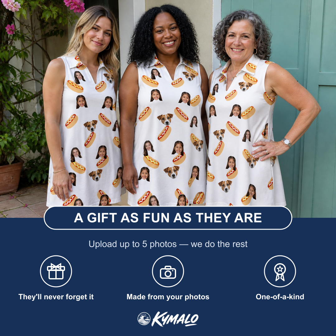 Friends in matching Women's Mustard Mingle Custom Face V-Neck Dress — a group gift photo
