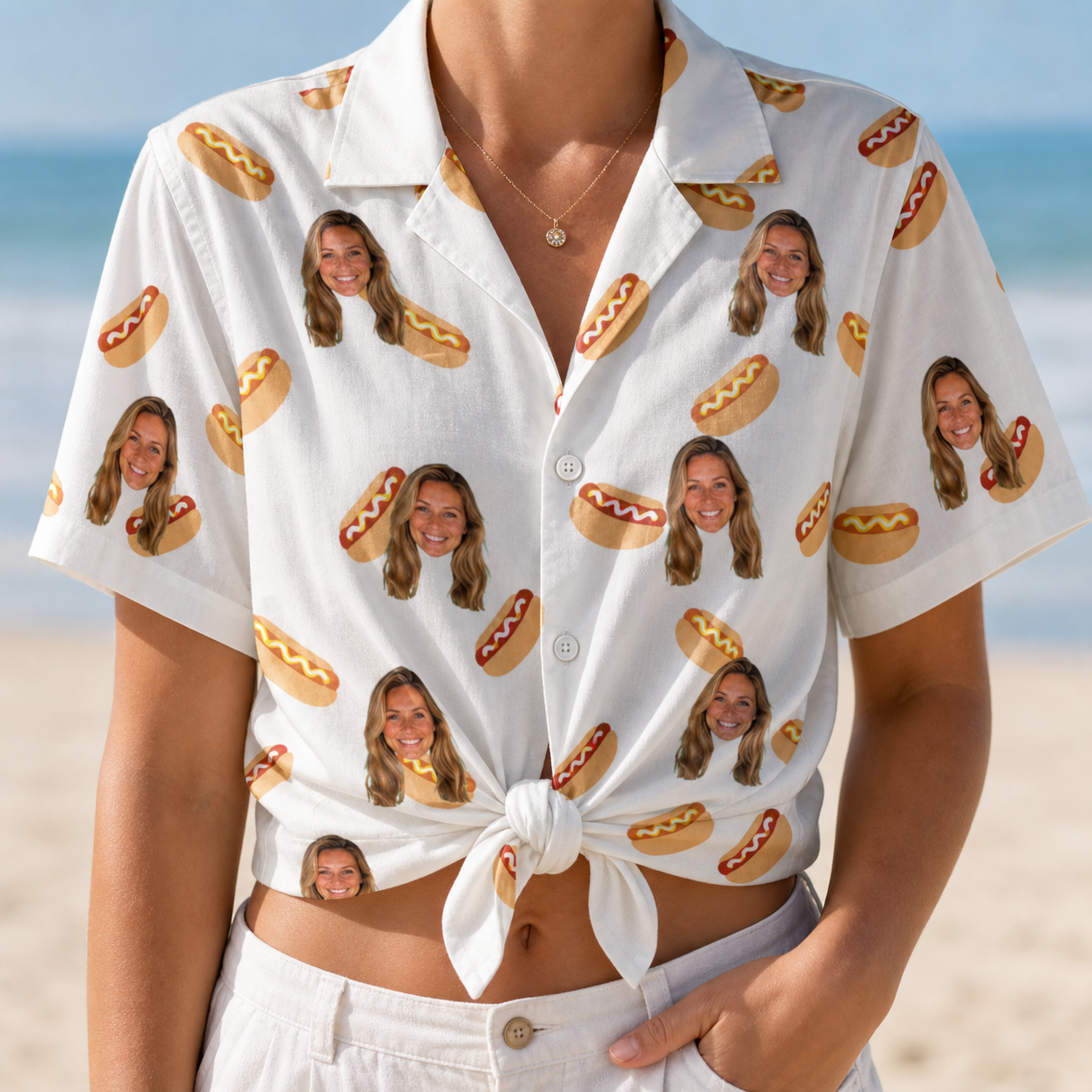 Woman wearing Women's Mustard Mingle Custom Face Hawaiian Shirt tied at the waist
