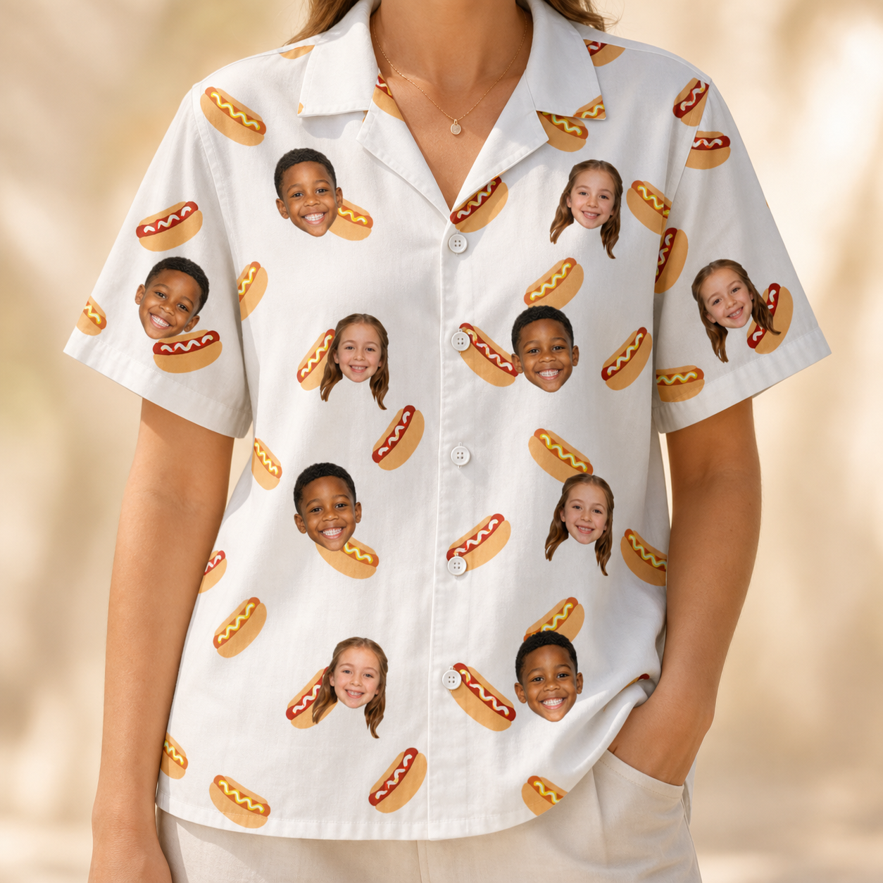Model wearing Women's Mustard Mingle Custom Face Hawaiian Shirt printed with kids' faces