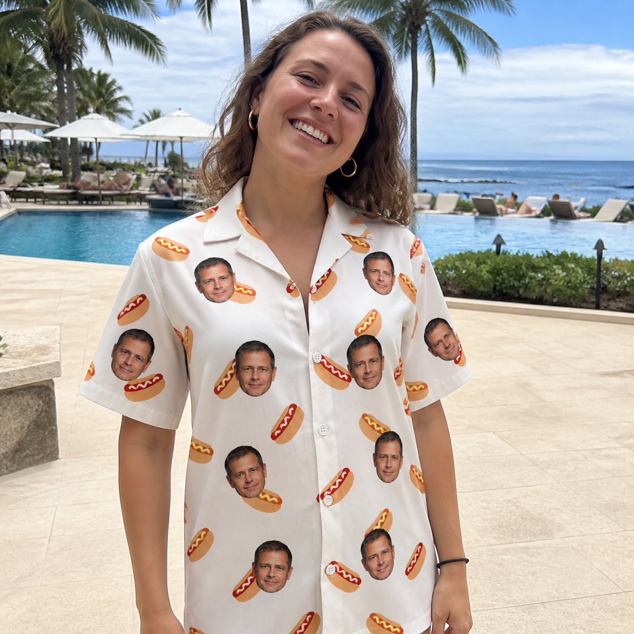 Real-life photo of someone wearing Women's Mustard Mingle Custom Face Hawaiian Shirt — custom faces printed all-over
