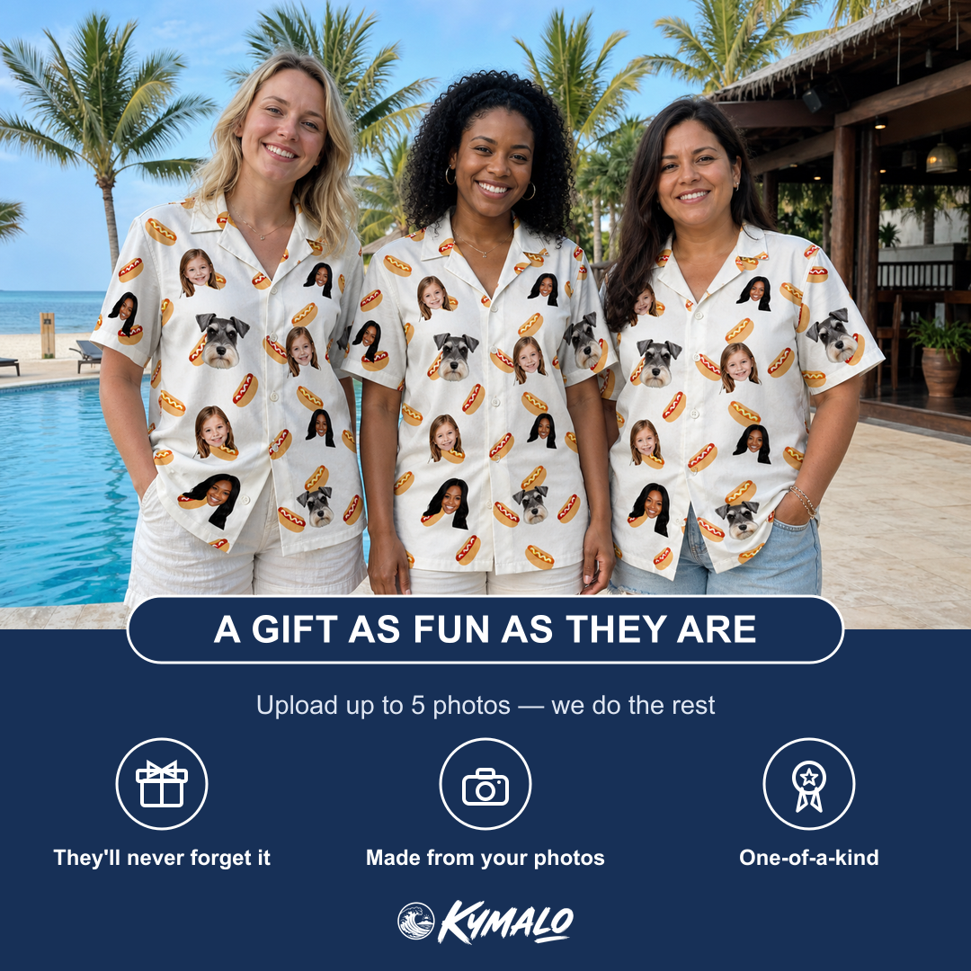 Friends in matching Women's Mustard Mingle Custom Face Hawaiian Shirt — a group gift photo