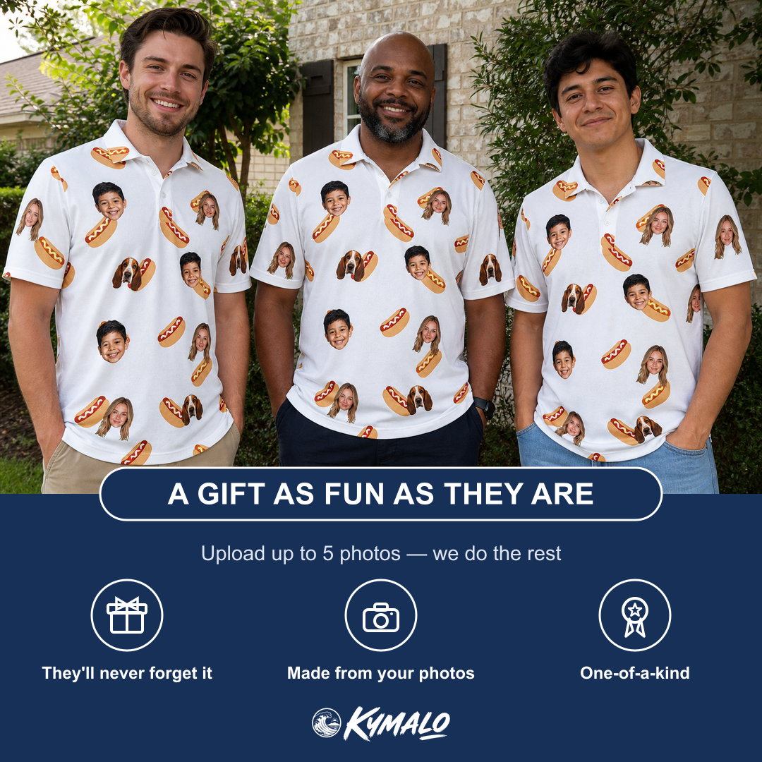 Friends in matching Men's Mustard Mingle Custom Face Polo Shirt — a group gift photo