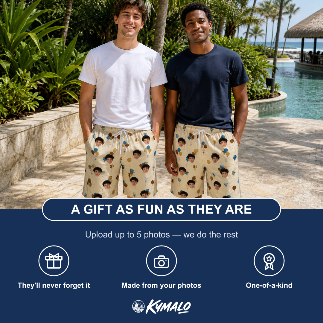 Friends in matching Men's Affection Aloft Custom Face Beach Shorts — a group gift photo