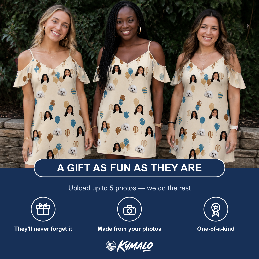 Friends in matching Women's Affection Aloft Custom Face Off-Shoulder Dress — a group gift photo