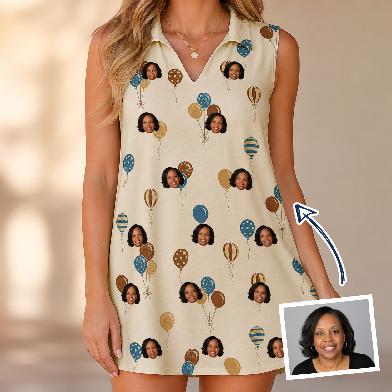Woman wearing Women's Affection Aloft Custom Face V-Neck Dress — custom faces printed all-over