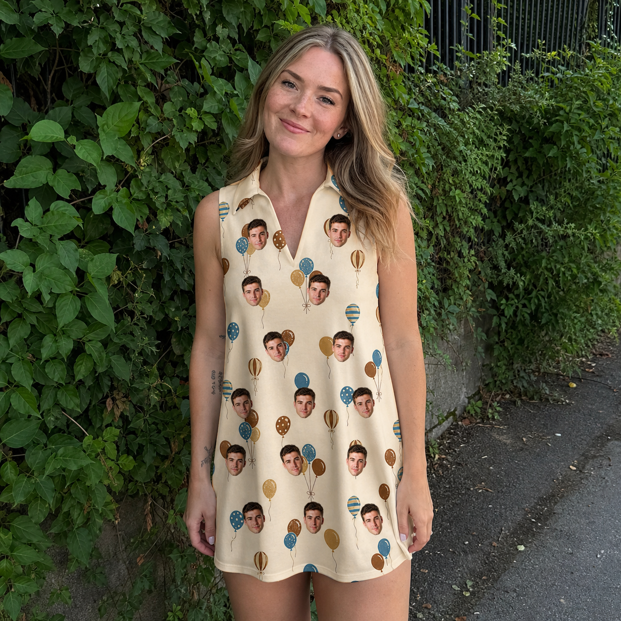 Real-life photo of someone wearing Women's Affection Aloft Custom Face V-Neck Dress — custom faces printed all-over