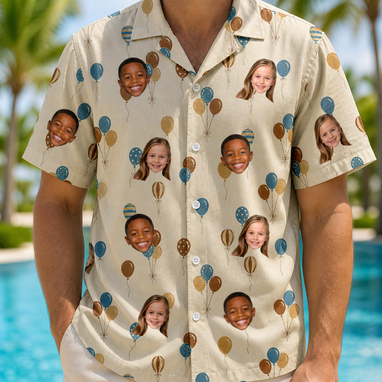Model wearing Men's Affection Aloft Custom Face Hawaiian Shirt printed with kids' faces