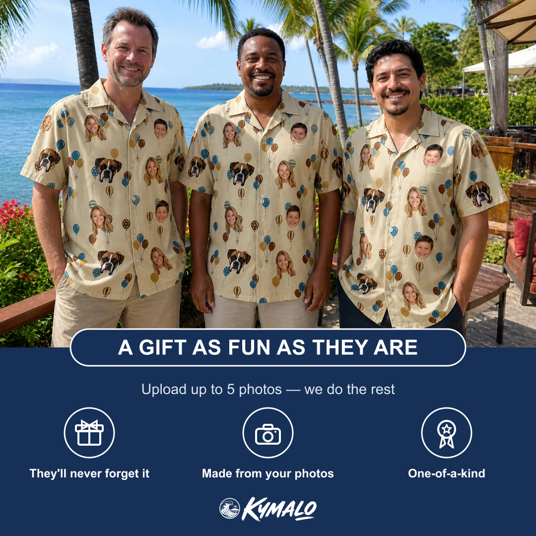 Friends in matching Men's Affection Aloft Custom Face Hawaiian Shirt — a group gift photo