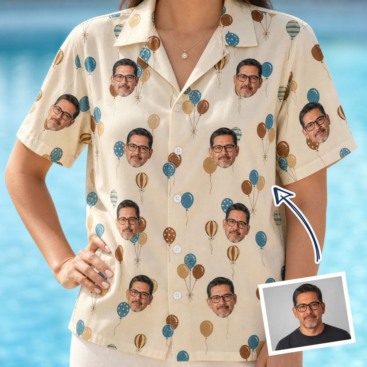 Woman wearing Women's Affection Aloft Custom Face Hawaiian Shirt — custom faces printed all-over