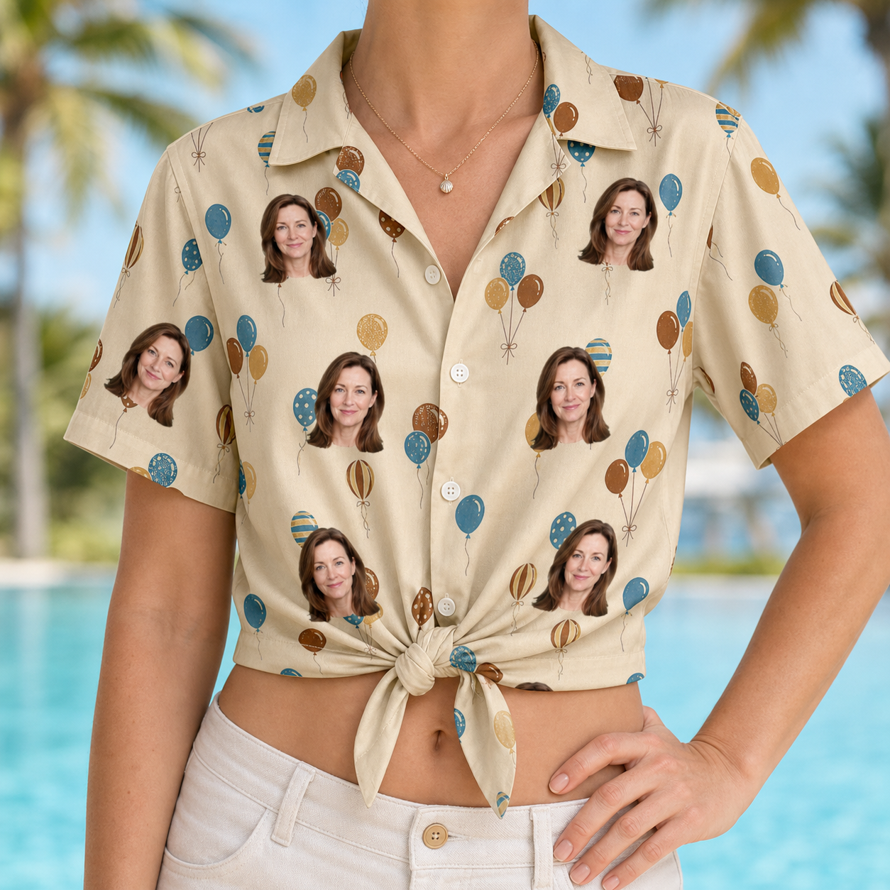 Woman wearing Women's Affection Aloft Custom Face Hawaiian Shirt tied at the waist