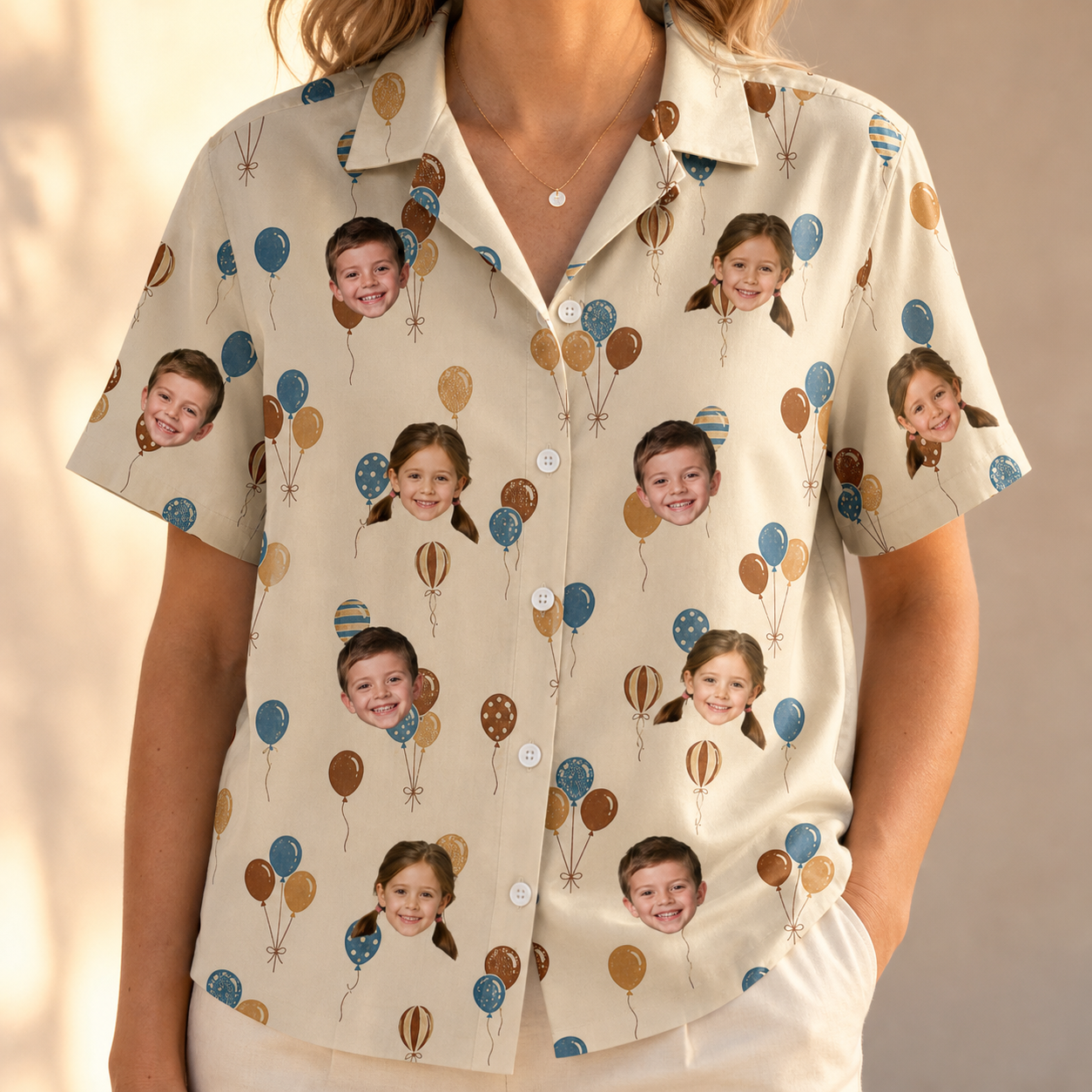 Model wearing Women's Affection Aloft Custom Face Hawaiian Shirt printed with kids' faces