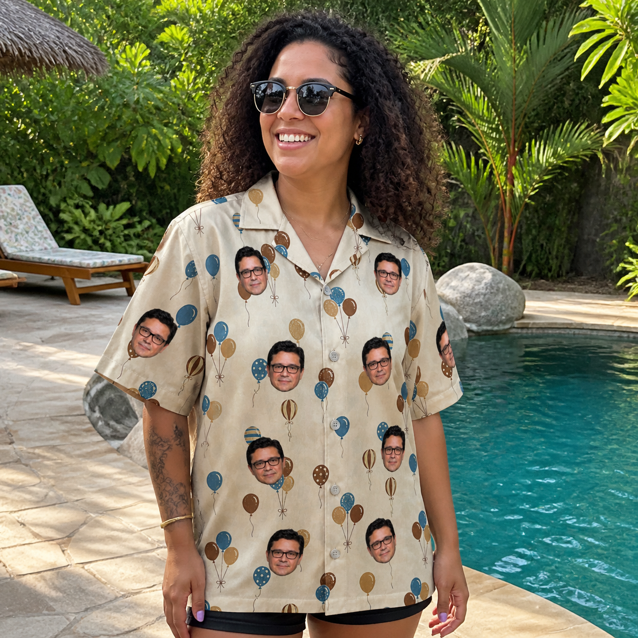 Real-life photo of someone wearing Women's Affection Aloft Custom Face Hawaiian Shirt — custom faces printed all-over