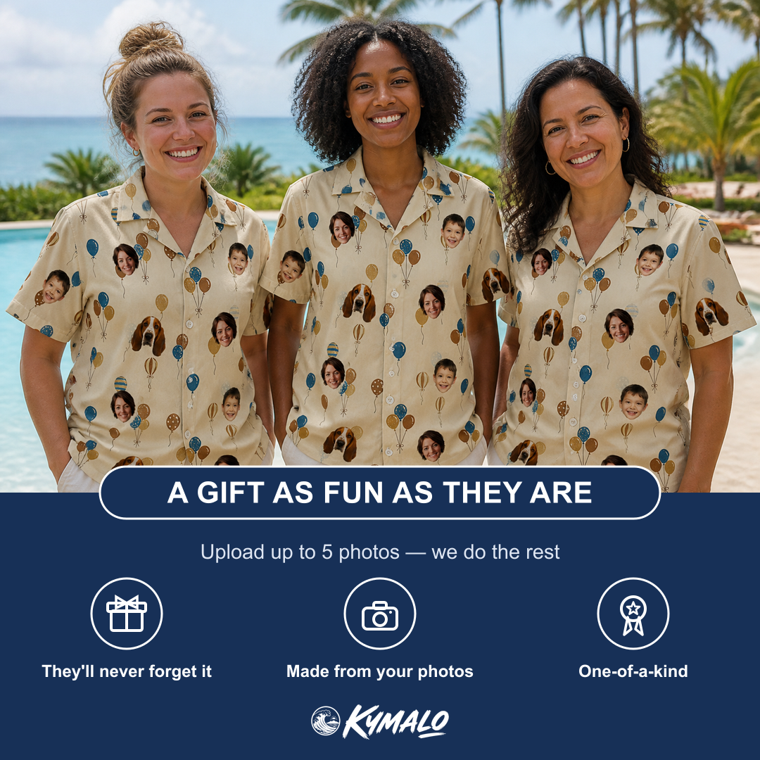 Friends in matching Women's Affection Aloft Custom Face Hawaiian Shirt — a group gift photo