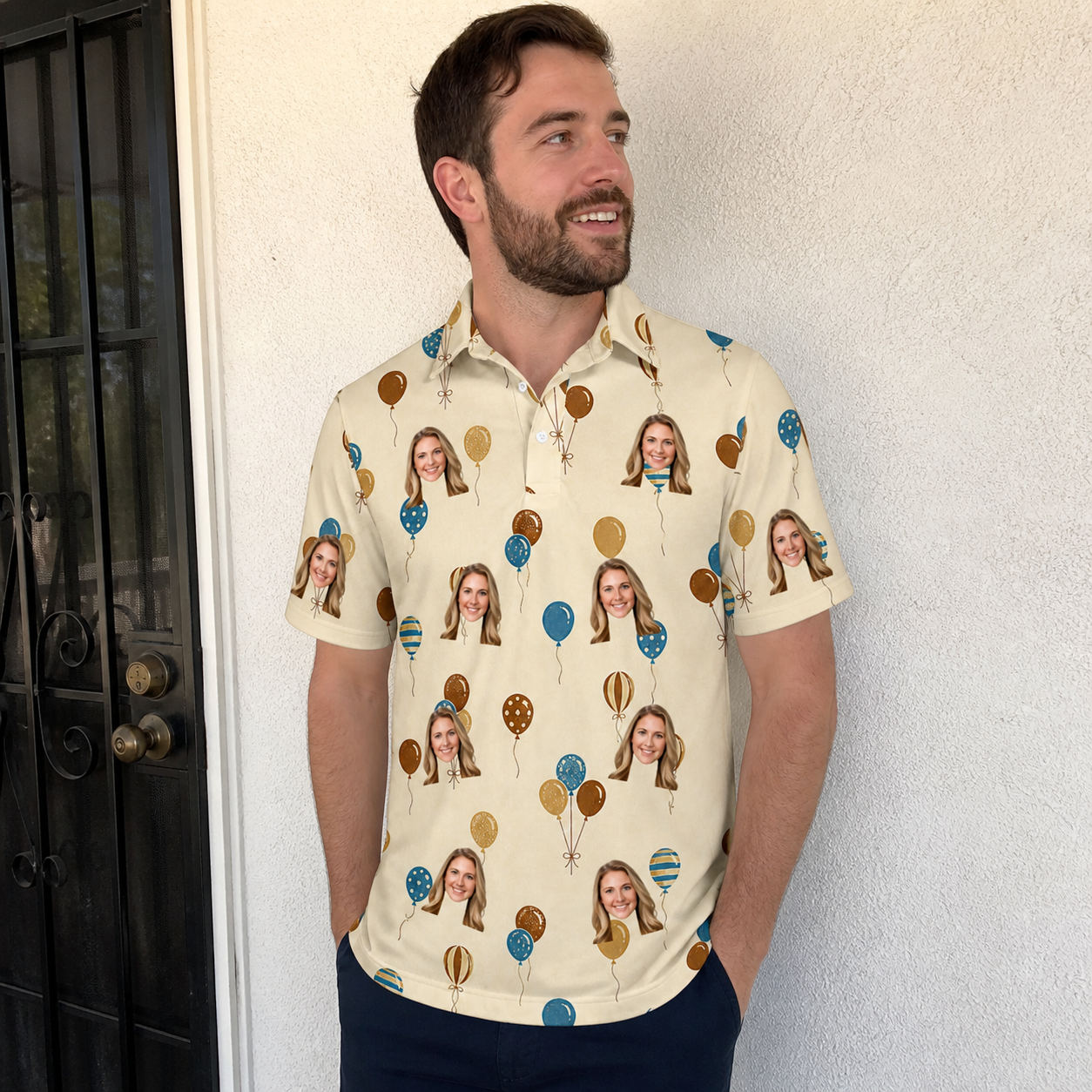 Real-life photo of someone wearing Men's Affection Aloft Custom Face Polo Shirt — custom faces printed all-over