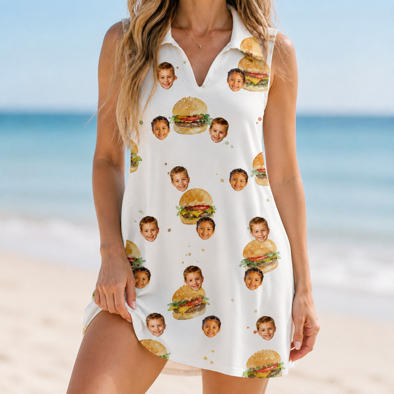 Model wearing Women's Burger Banquet Custom Face V-Neck Dress printed with kids' faces
