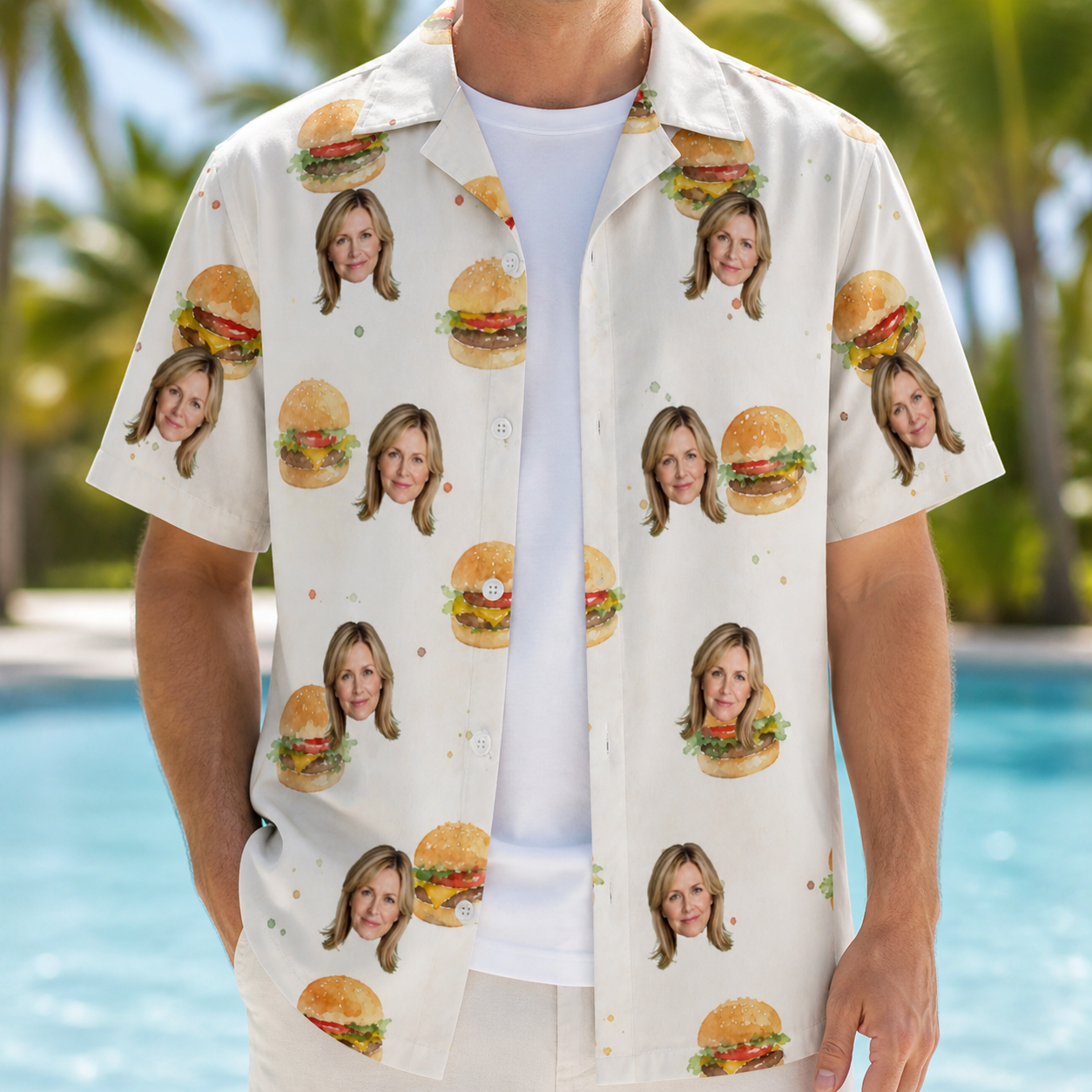 Man wearing Men's Burger Banquet Custom Face Hawaiian Shirt open over a white tee