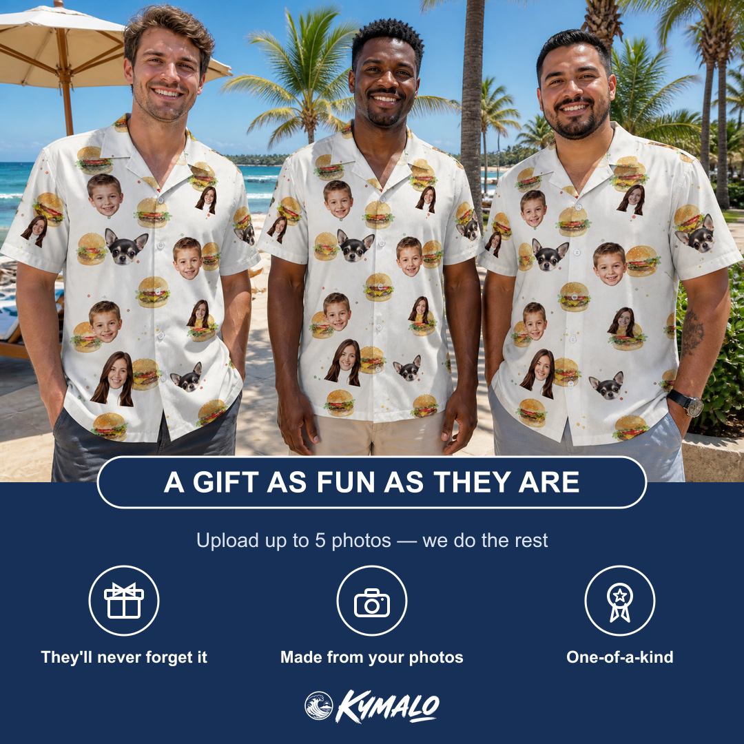 Friends in matching Men's Burger Banquet Custom Face Hawaiian Shirt — a group gift photo
