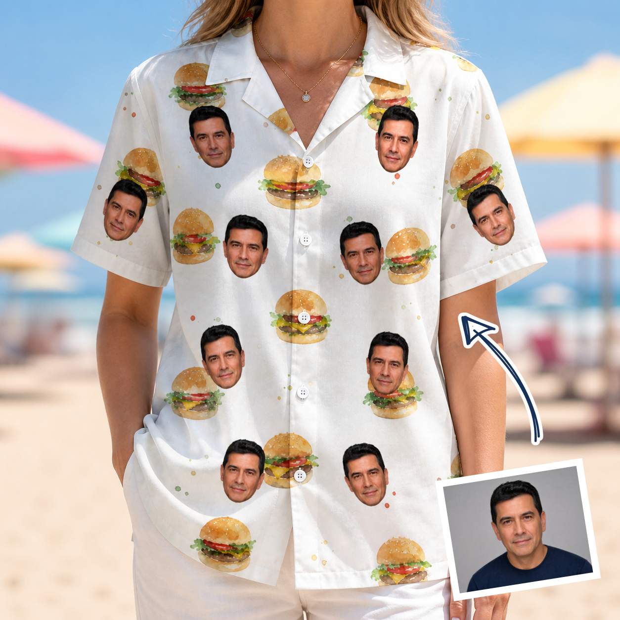 Woman wearing Women's Burger Banquet Custom Face Hawaiian Shirt — custom faces printed all-over