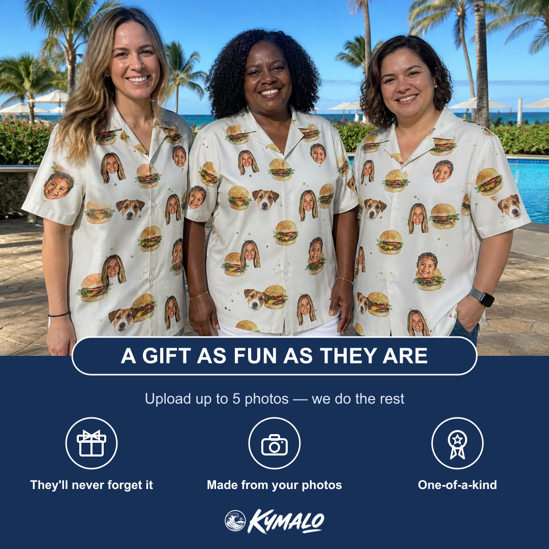 Friends in matching Women's Burger Banquet Custom Face Hawaiian Shirt — a group gift photo