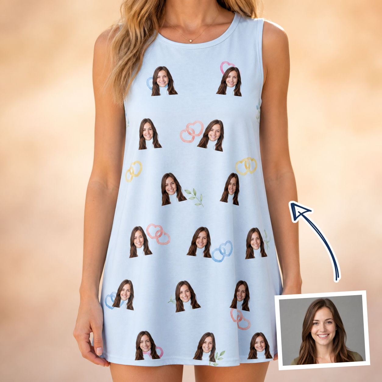 Woman wearing Women's Heart Hitch Custom Face Tank Dress — custom faces printed all-over
