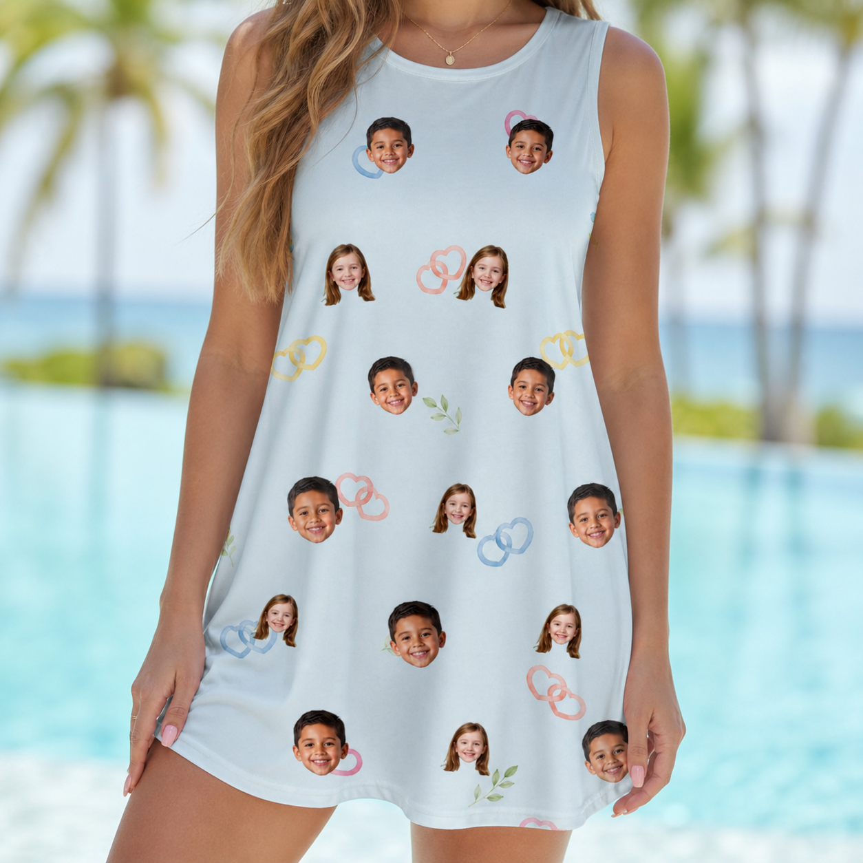 Model wearing Women's Heart Hitch Custom Face Tank Dress printed with kids' faces