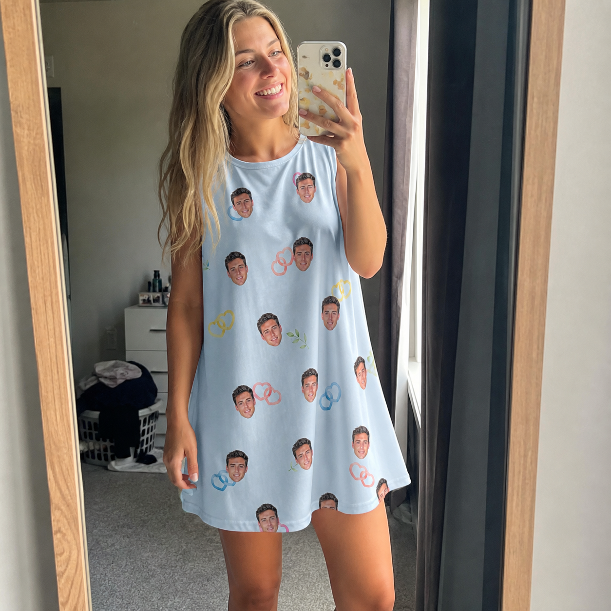Real-life photo of someone wearing Women's Heart Hitch Custom Face Tank Dress — custom faces printed all-over