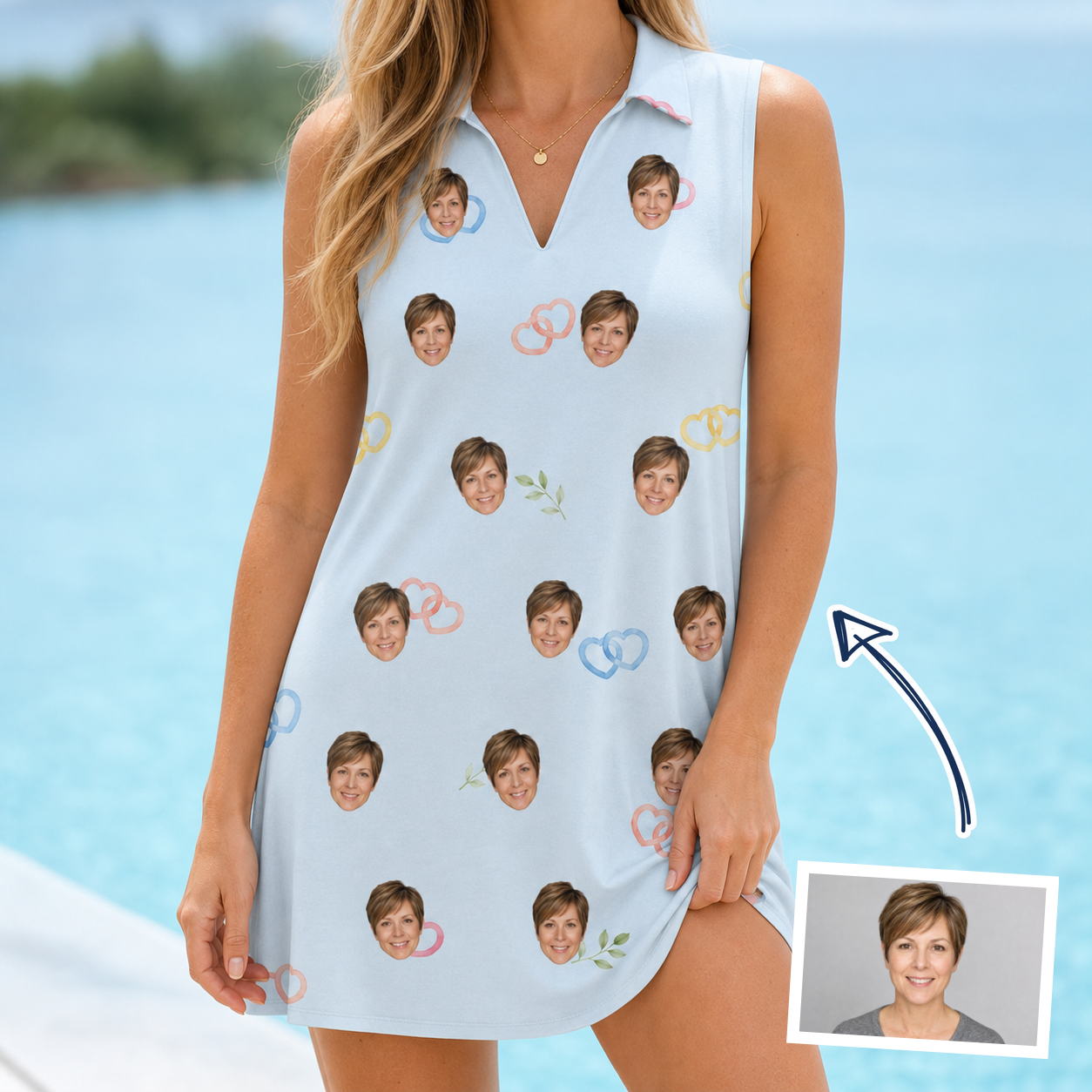 Woman wearing Women's Heart Hitch Custom Face V-Neck Dress — custom faces printed all-over