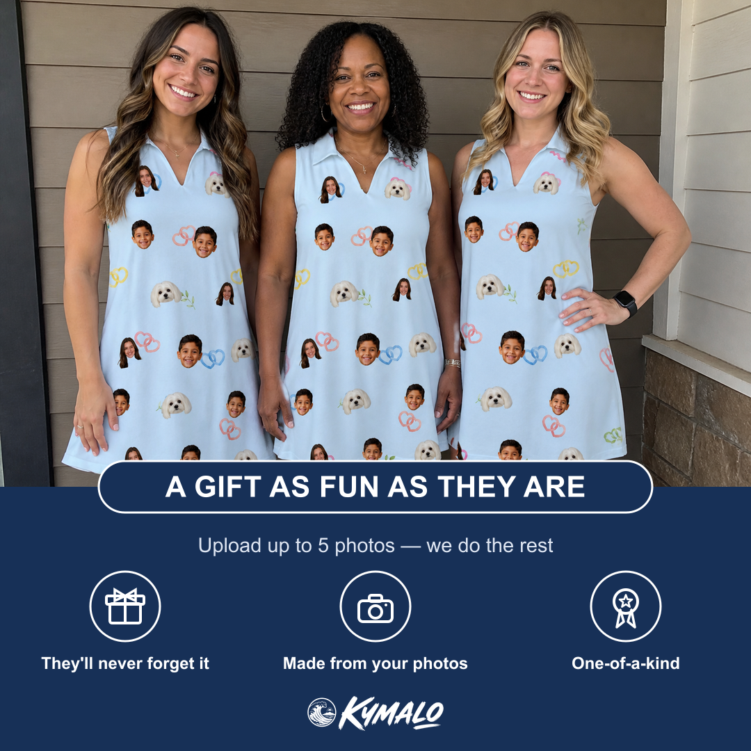 Friends in matching Women's Heart Hitch Custom Face V-Neck Dress — a group gift photo