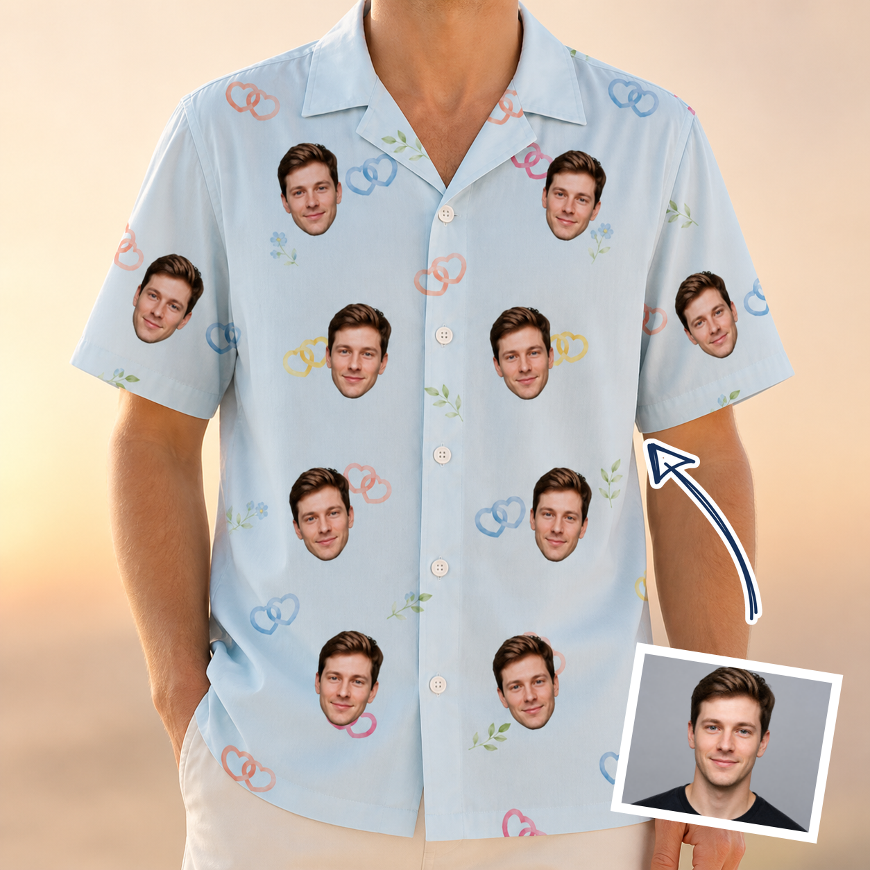 Man wearing Men's Heart Hitch Custom Face Hawaiian Shirt — custom faces printed all-over