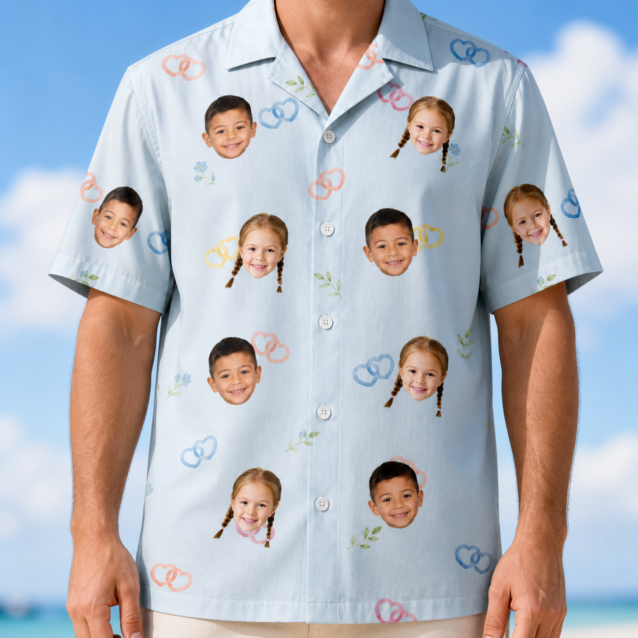 Model wearing Men's Heart Hitch Custom Face Hawaiian Shirt printed with kids' faces