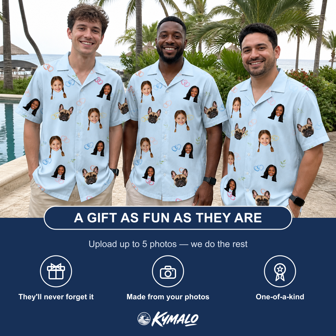Friends in matching Men's Heart Hitch Custom Face Hawaiian Shirt — a group gift photo
