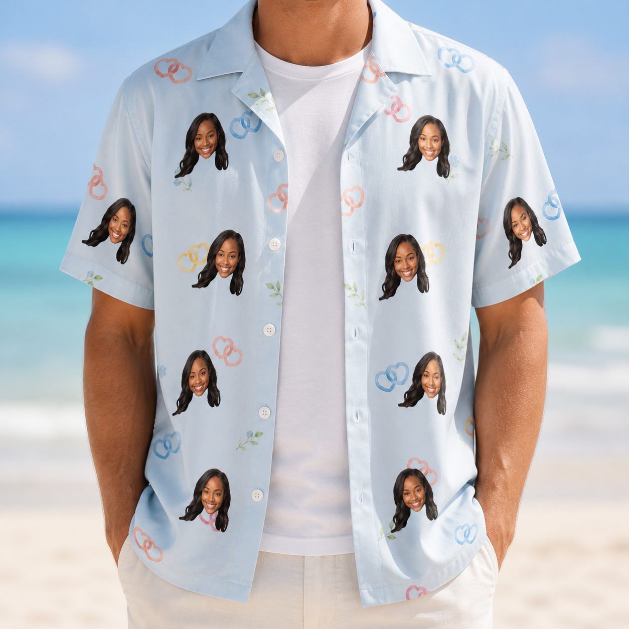 Man wearing Men's Heart Hitch Custom Face Hawaiian Shirt open over a white tee