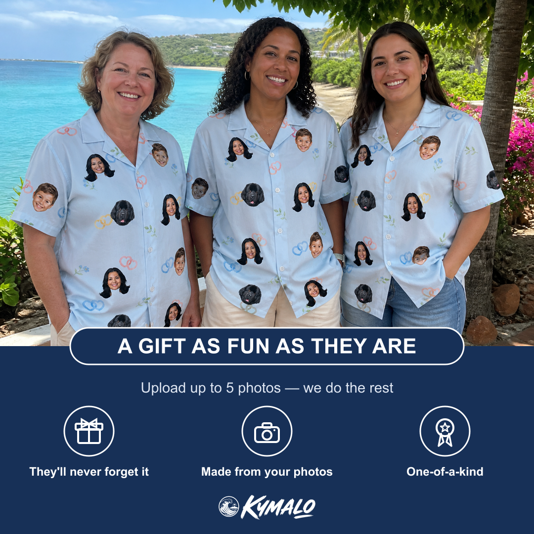 Friends in matching Women's Heart Hitch Custom Face Hawaiian Shirt — a group gift photo