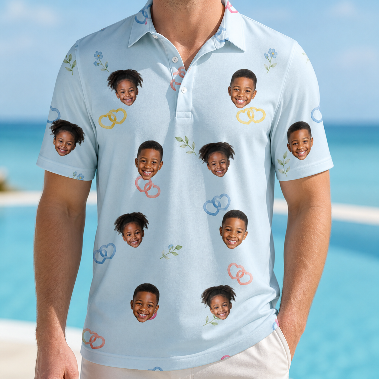 Model wearing Men's Heart Hitch Custom Face Polo Shirt printed with kids' faces