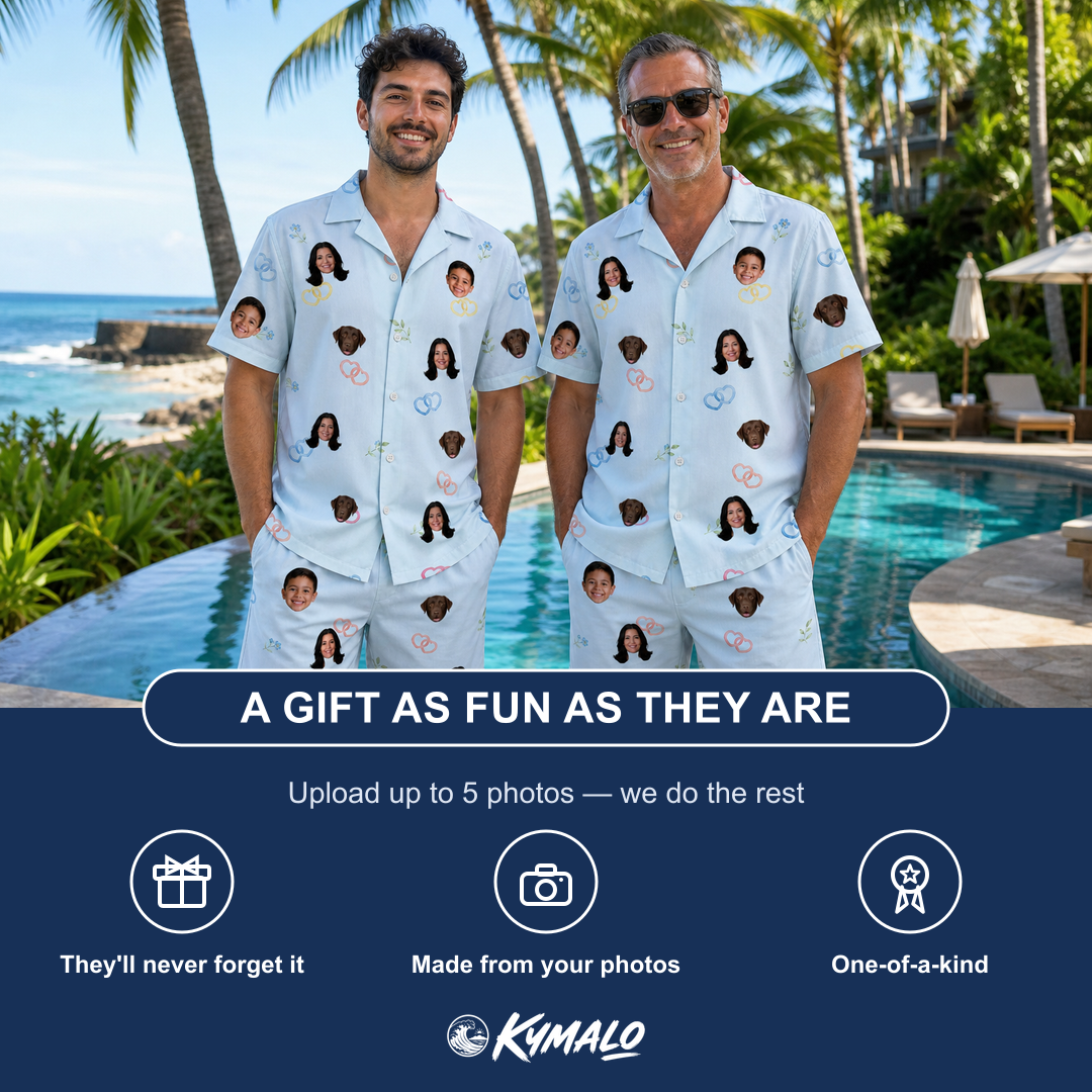 Friends in matching Men's Heart Hitch Custom Face Shirt & Shorts Set — a group gift photo