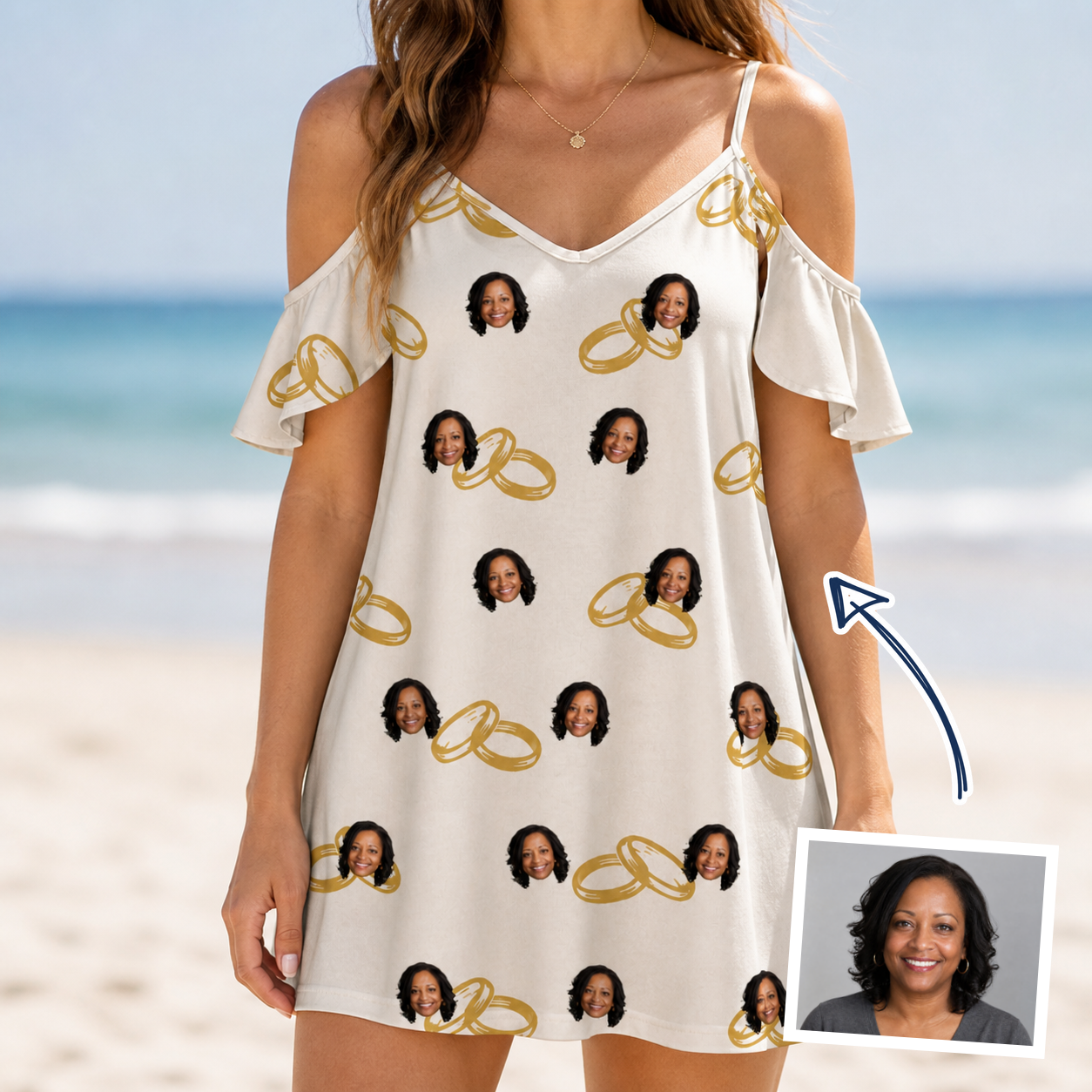 Woman wearing Women's Paired Piers Custom Face Off-Shoulder Dress — custom faces printed all-over