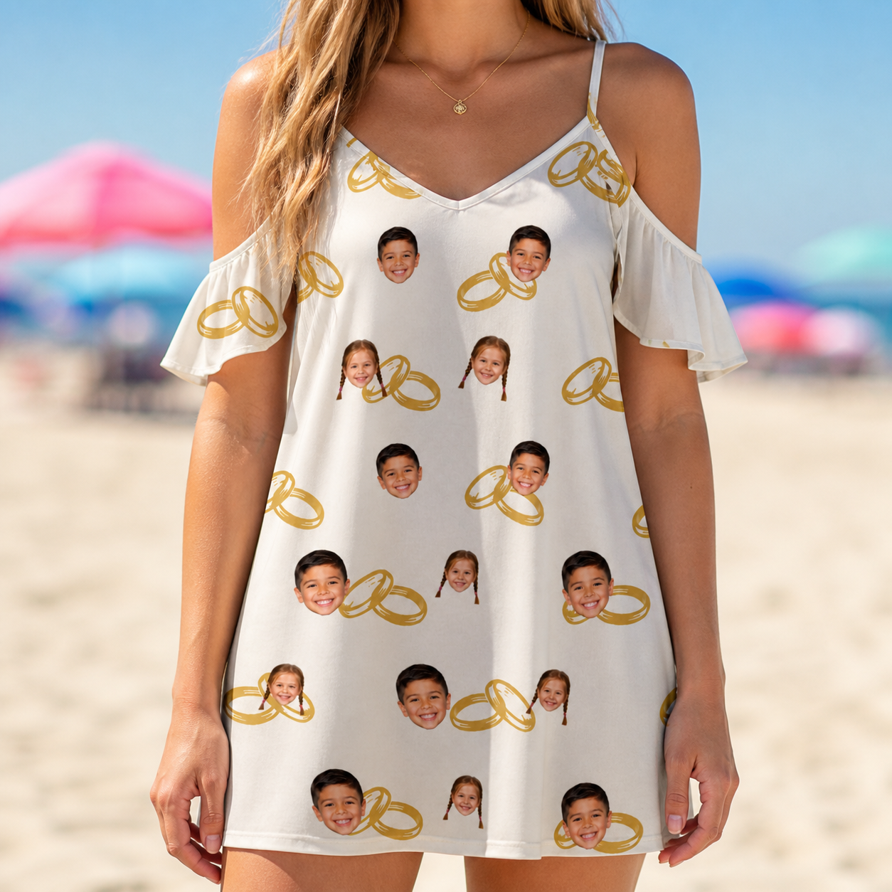 Model wearing Women's Paired Piers Custom Face Off-Shoulder Dress printed with kids' faces