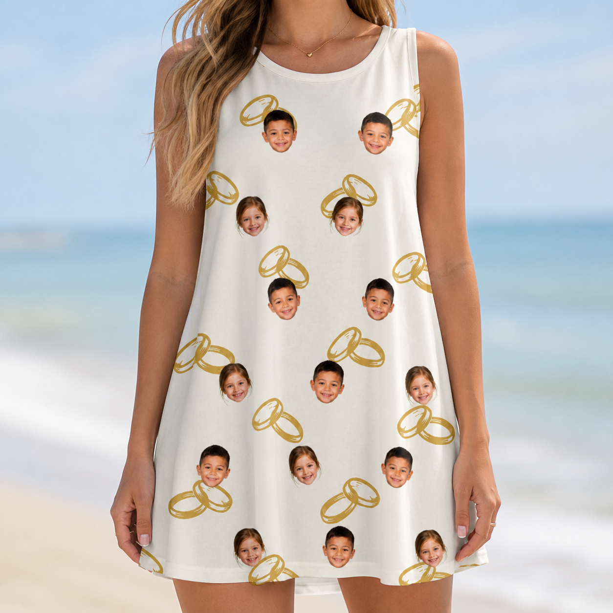 Model wearing Women's Paired Piers Custom Face Tank Dress printed with kids' faces