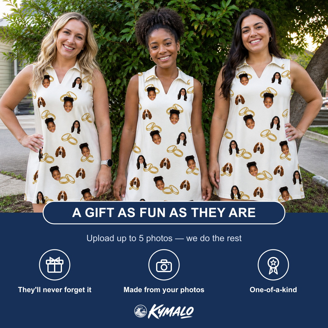 Friends in matching Women's Paired Piers Custom Face V-Neck Dress — a group gift photo
