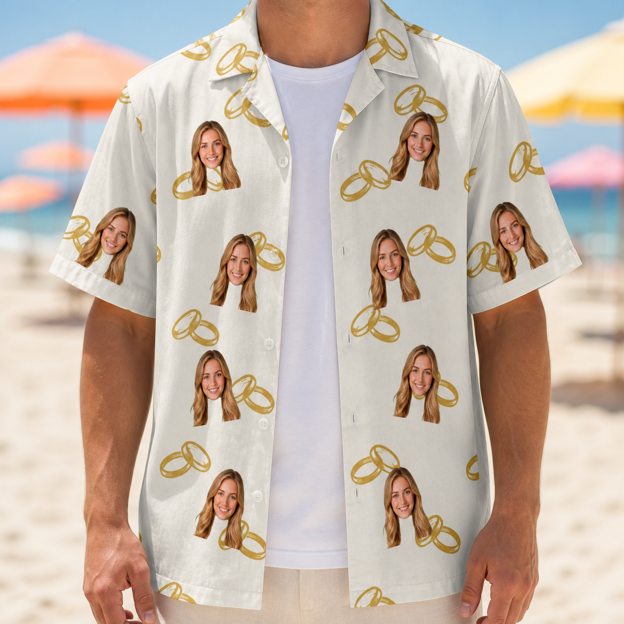 Man wearing Men's Paired Piers Custom Face Hawaiian Shirt open over a white tee