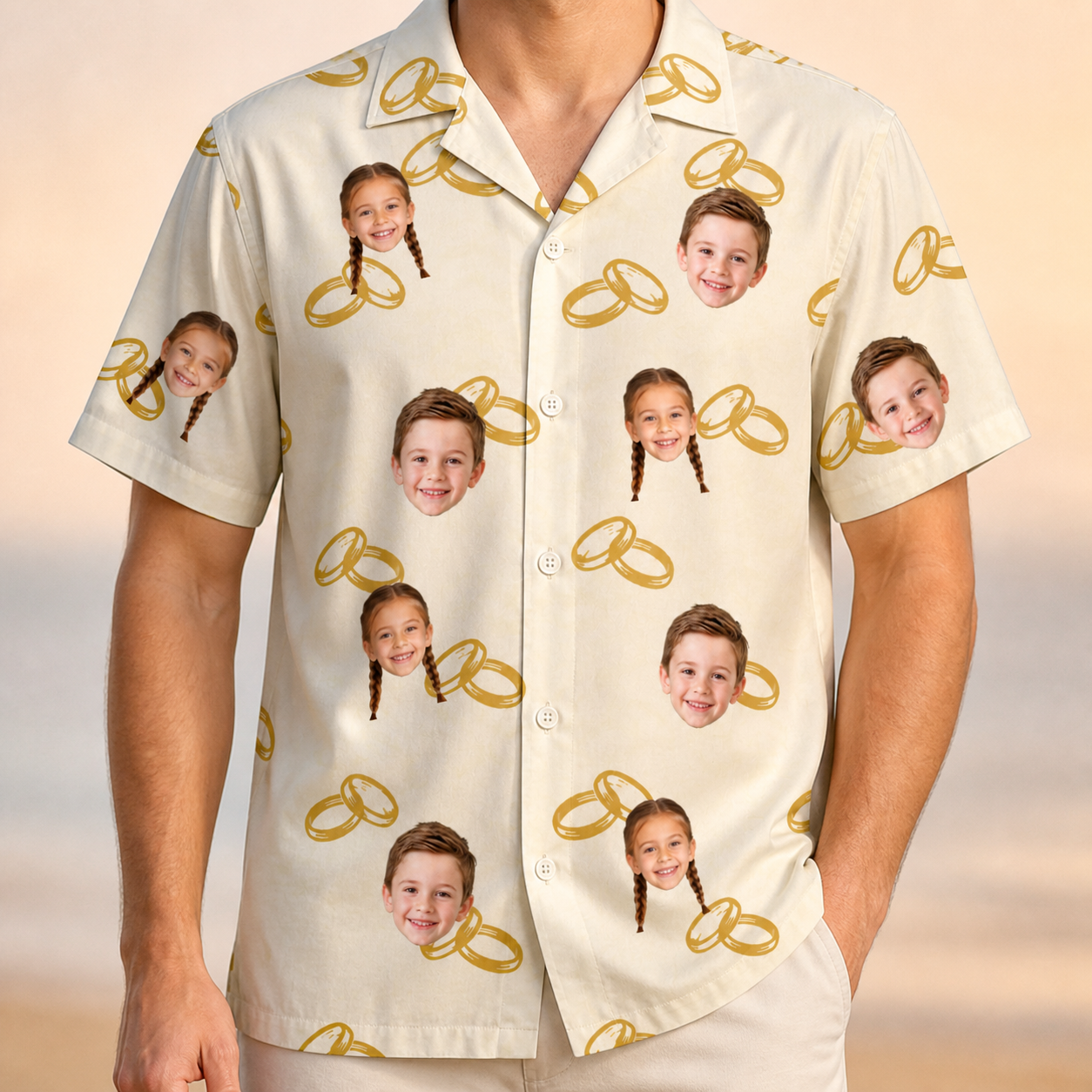 Model wearing Men's Paired Piers Custom Face Hawaiian Shirt printed with kids' faces