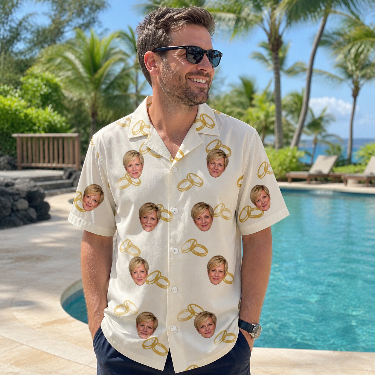 Real-life photo of someone wearing Men's Paired Piers Custom Face Hawaiian Shirt — custom faces printed all-over