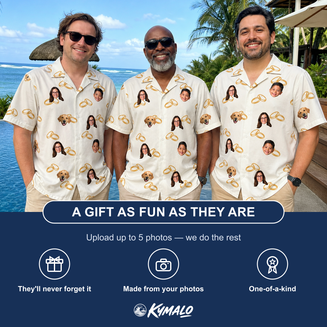 Friends in matching Men's Paired Piers Custom Face Hawaiian Shirt — a group gift photo