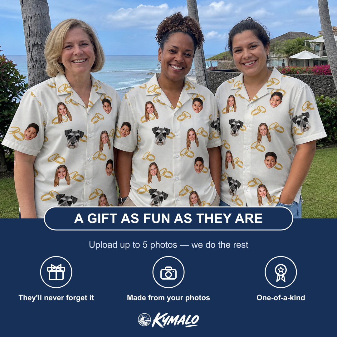Friends in matching Women's Paired Piers Custom Face Hawaiian Shirt — a group gift photo