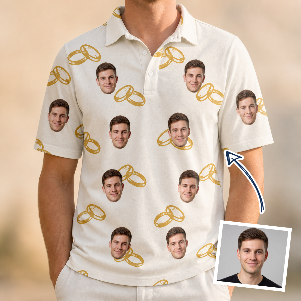 Man wearing Men's Paired Piers Custom Face Polo Shirt — custom faces printed all-over