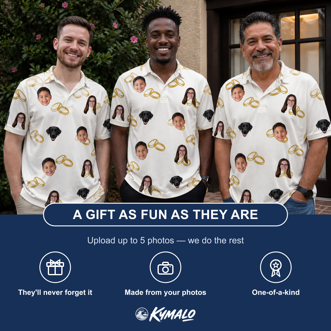 Friends in matching Men's Paired Piers Custom Face Polo Shirt — a group gift photo
