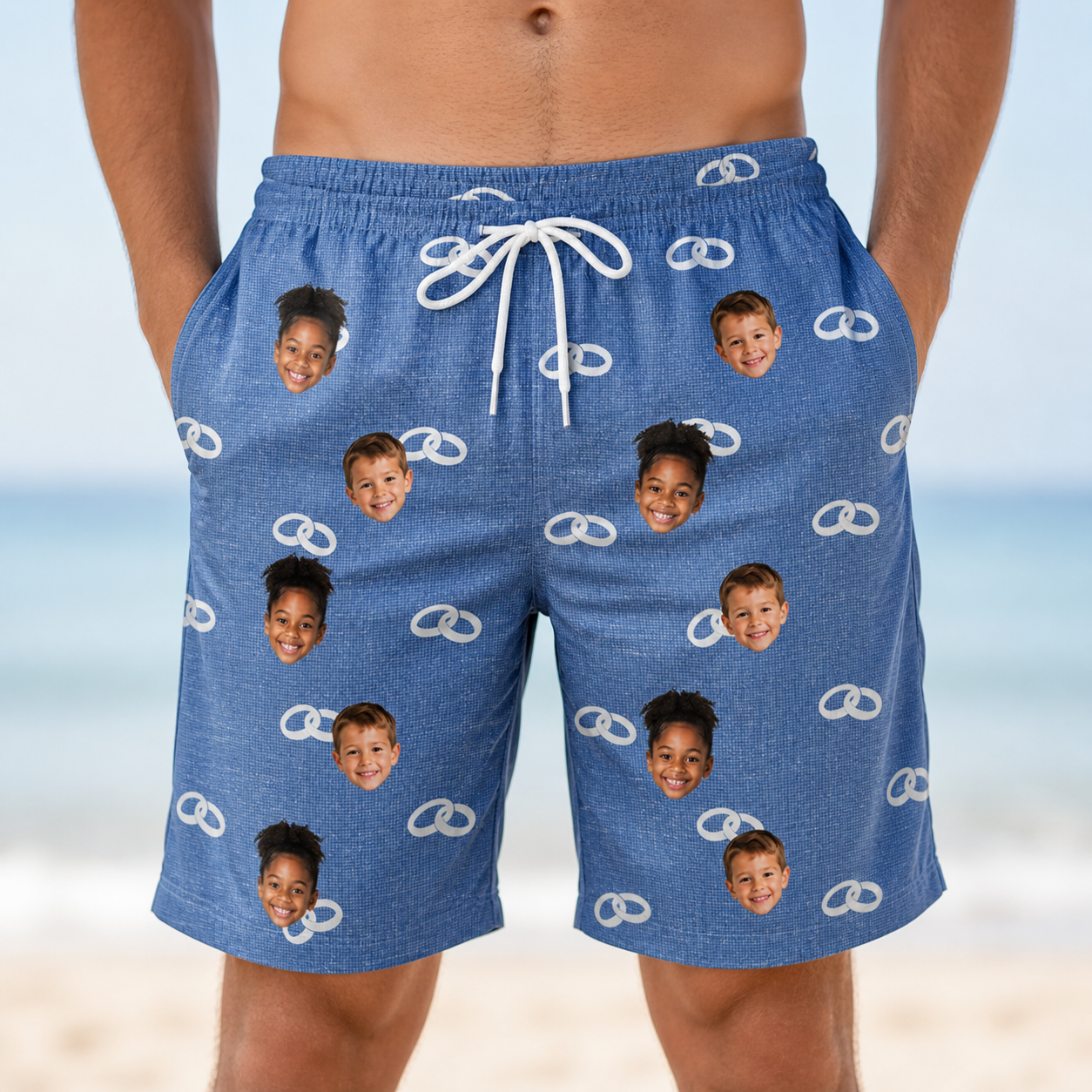 Model wearing Men's Foreshore Forever Custom Face Beach Shorts printed with kids' faces