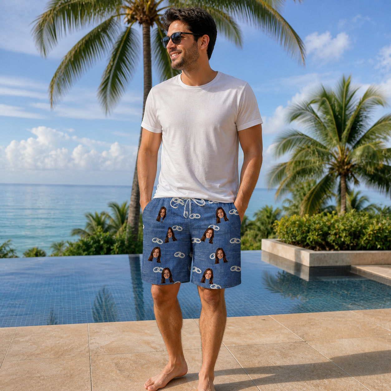 Real-life photo of someone wearing Men's Foreshore Forever Custom Face Beach Shorts — custom faces printed all-over
