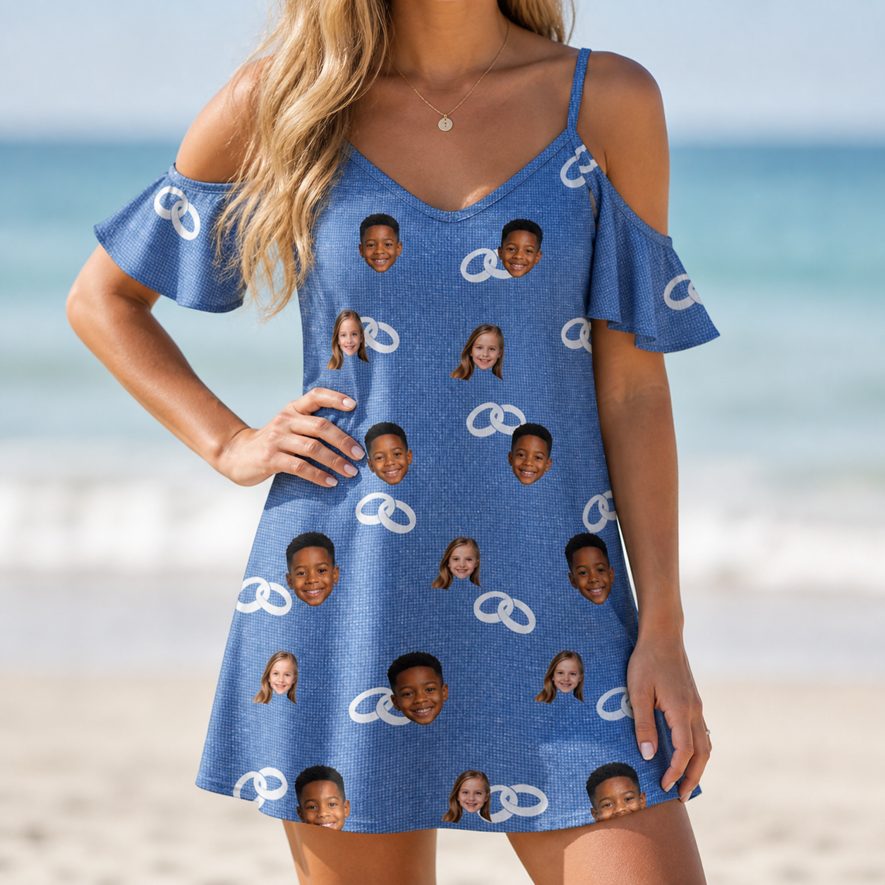 Model wearing Women's Foreshore Forever Custom Face Off-Shoulder Dress printed with kids' faces