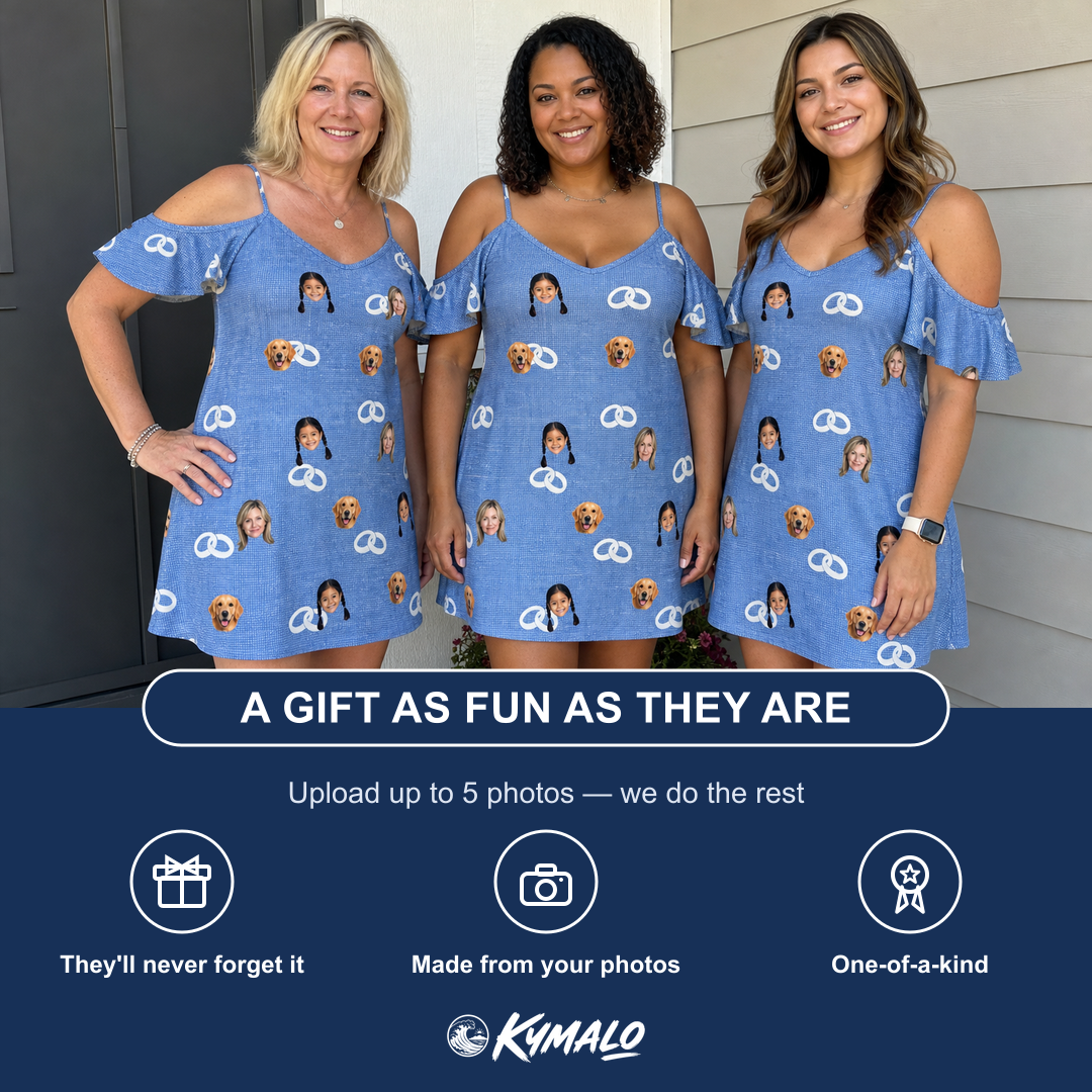 Friends in matching Women's Foreshore Forever Custom Face Off-Shoulder Dress — a group gift photo
